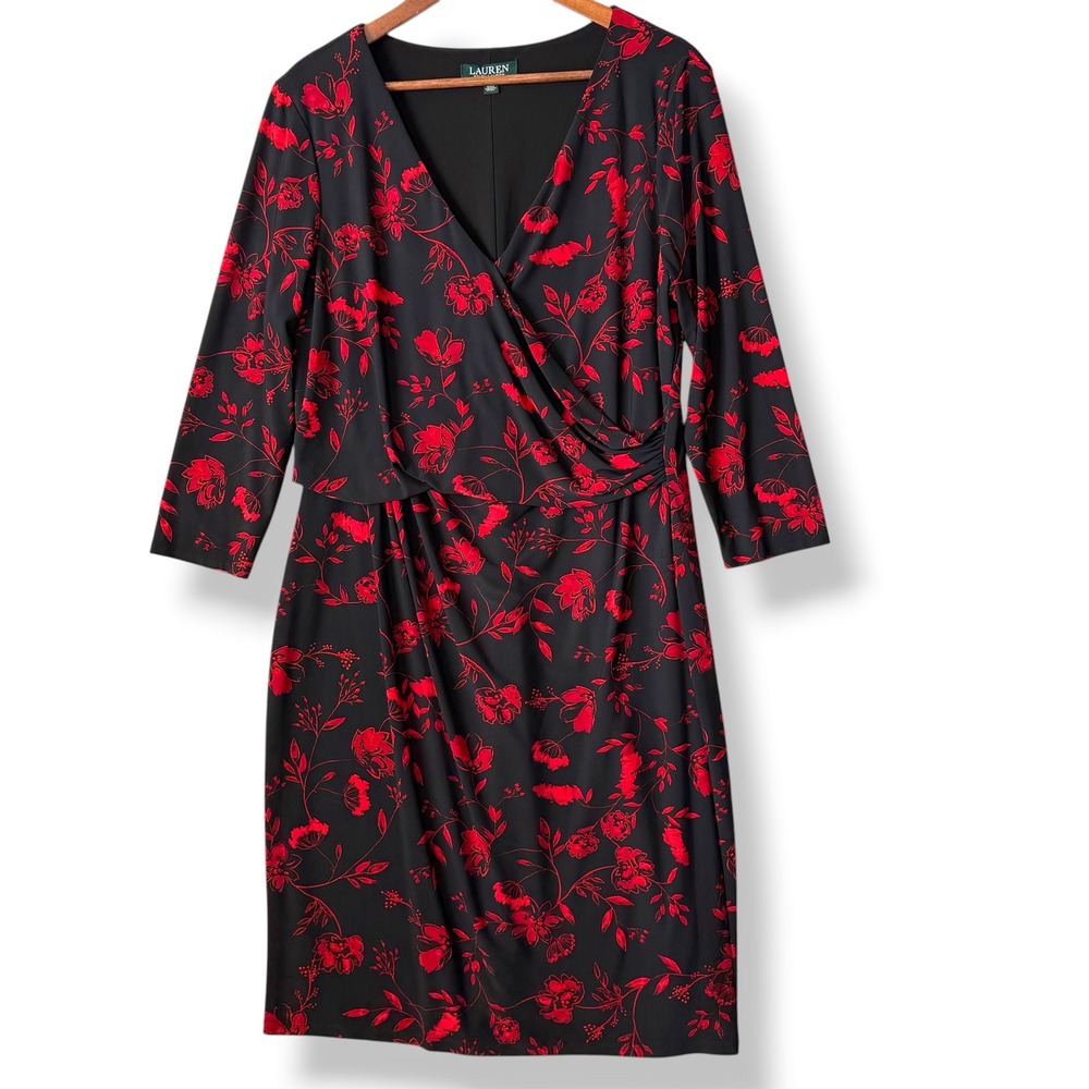 Lauren Ralph Lauren Faux Wrap Dress 16 Black Red Floral Ruched Stretch Cocktail